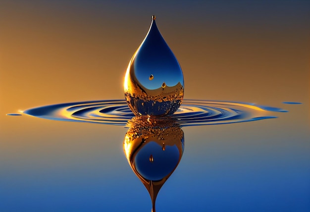 Reflexión de gotas de agua en el agua con fondo de cielo azul IA generativa