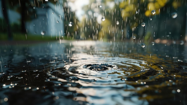 Reflexión gotas de lluvia charco