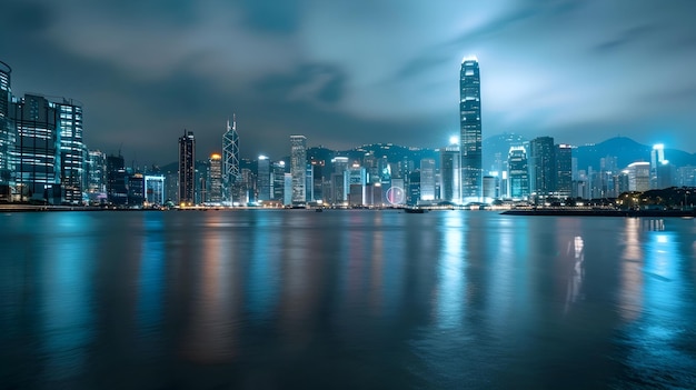 Reflexión del horizonte de Hong Kong por la noche