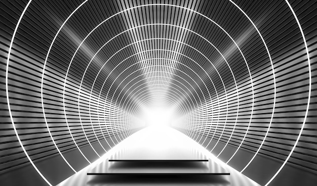 Reflexión de línea de neón de luz Escena de podio brillante Corredor de fondo futurista Representación 3d