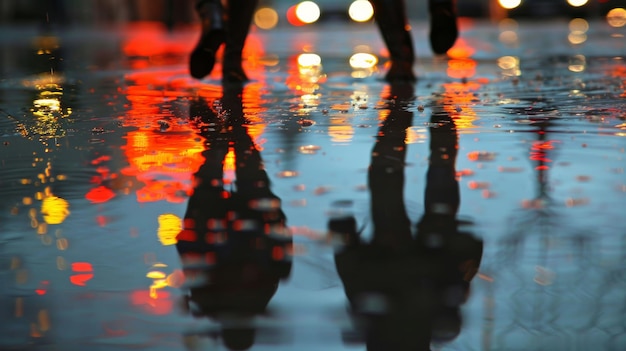 Reflexión de las luces de la ciudad en la calle lluviosa