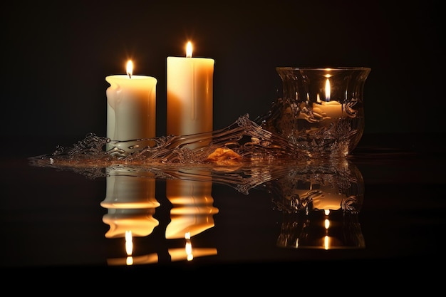 Reflexión de la luz de las velas en la superficie del vidrio