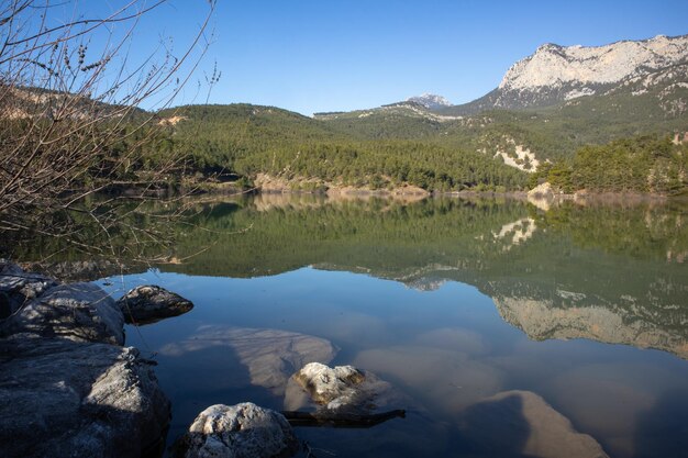 Reflexión de las montañas en el lago.