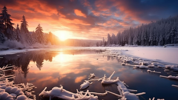 Reflexión de la naturaleza paisaje de nieve por la noche