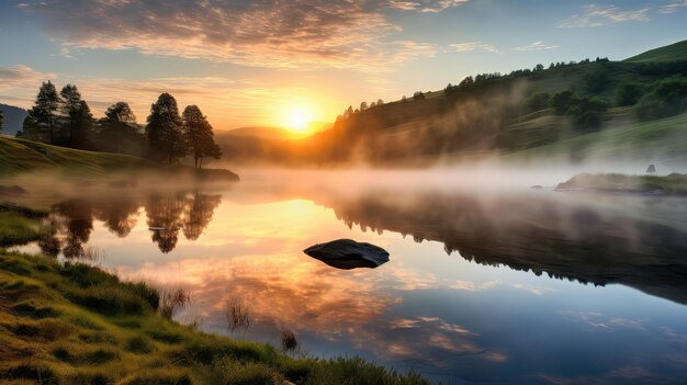 Reflexión de la niebla paisaje de la colina del amanecer