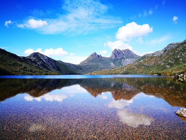 Foto reflexión de las nubes en el lago