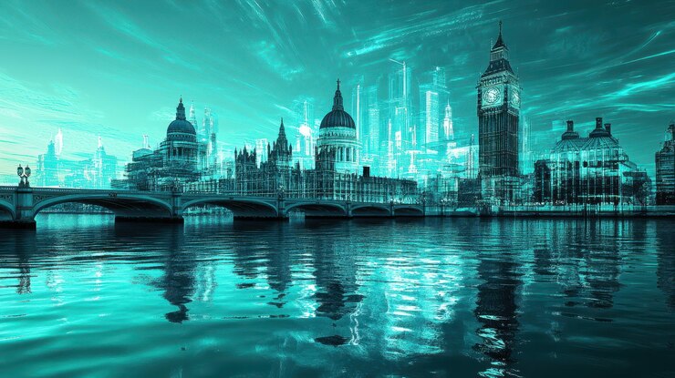 Reflexión del paisaje urbano digital de London Skyline Aqua