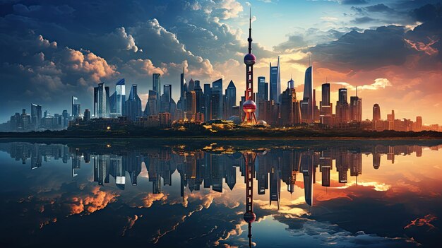 Reflexión del paisaje urbano de Shanghai