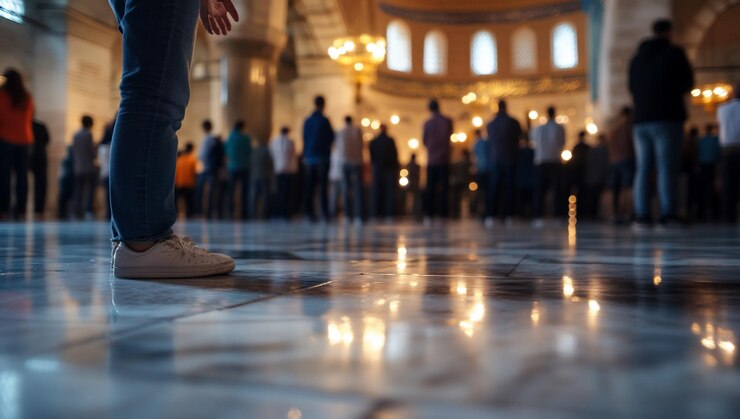 Reflexión en el piso de oración de la congregación de la mezquita