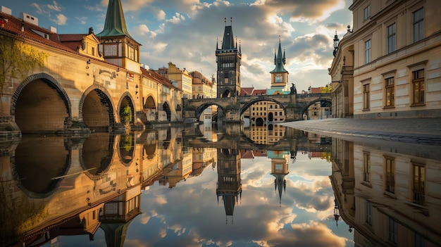 Reflexión del puente Carlos en Praga, República Checa