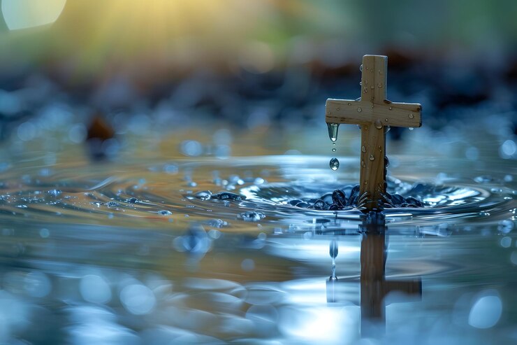 Reflexión serena de la fe Una cruz de madera en aguas tranquilas