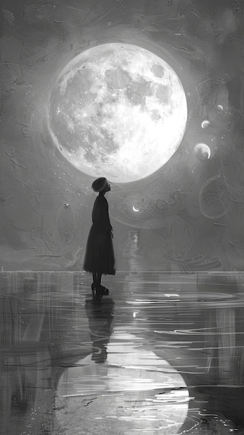Reflexión serena de la luz de la luna con un joven adulto solitario