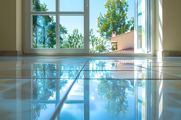 Reflexión serena de la naturaleza a través de puertas abiertas en una habitación luminosa