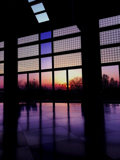 Foto reflexión de las siluetas de los árboles en la ventana