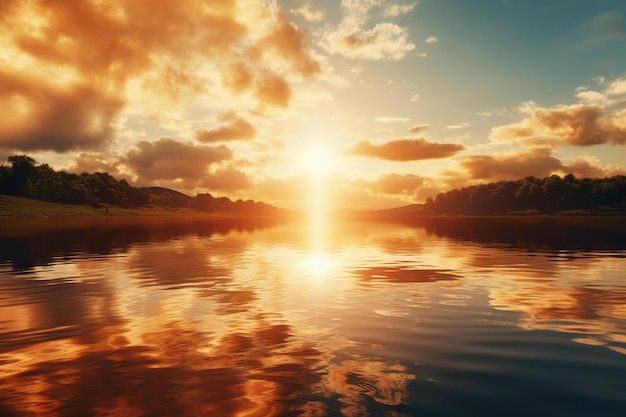 Reflexión del sol en la superficie de un estanque tranquilo con pads de lirio