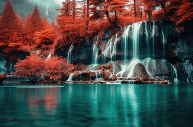 Foto reflexión tranquila de otoño junto a una cascada en un bosque