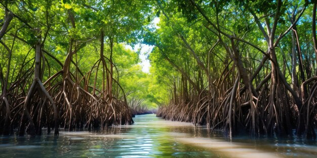 Reflexión tropical tranquila Un sereno oasis de manglares inundado de vegetación y bañado por la luz del sol