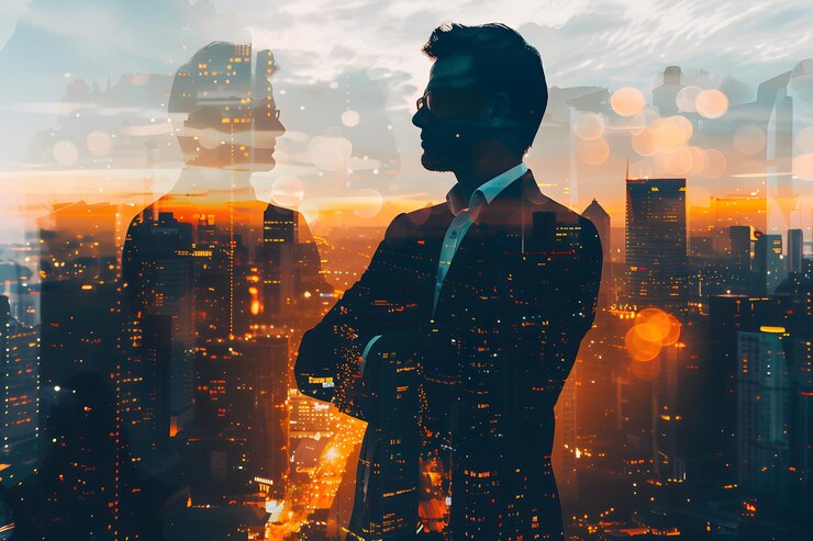Reflexión urbana Un hombre de negocios contra el horizonte de una ciudad al anochecer
