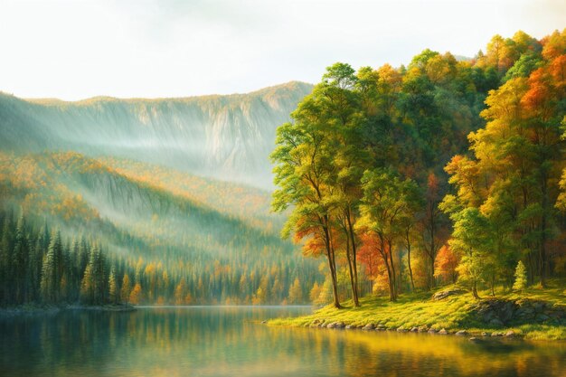 Reflexionen von Bäumen und Bergen in See-Gemälden Generative KI-Illustrationen