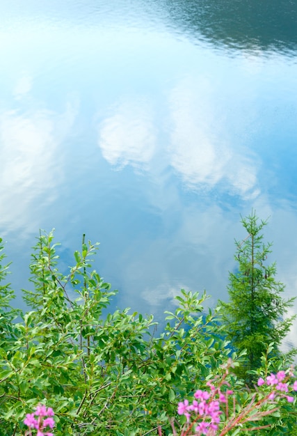 Reflexiones en el agua del lago de montaña Vidra