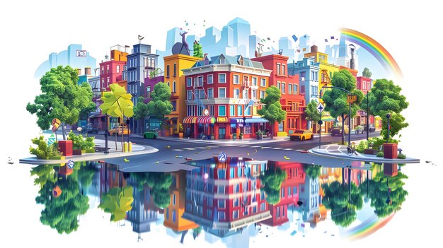 Reflexiones del arco iris en el centro de la ciudad Tapicería urbana con arco ires brillante reflejado en charcos en las calles
