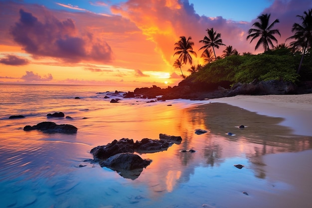 Reflexiones del atardecer en las playas tropicales