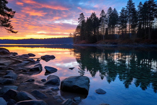 Foto reflexiones del crepúsculo en las aguas tranquilas foto de la puesta de sol del lago