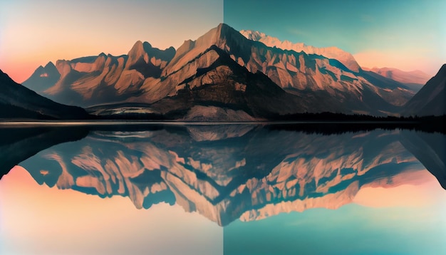 Foto reflexiones generativas de la ia en el atardecer un espejismo de un lago de montaña