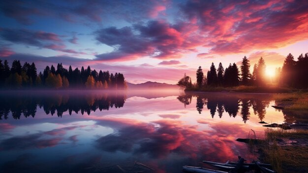 Reflexiones del lago en el fondo del amanecer