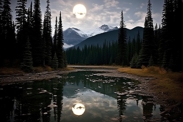 Reflexiones de la luna llena en un lago de montaña o en un tarn