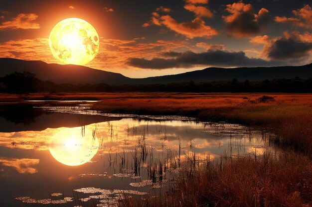 Reflexiones de la luna llena en un lago de montaña o en un tarn