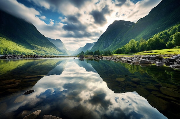 Foto reflexiones de las montañas en las tranquilas aguas del sognefjord