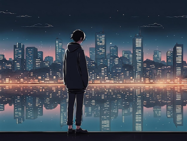 Reflexiones nocturnas fondo de pantalla manga lofi de una escena triste pero hermosa con paisaje urbano