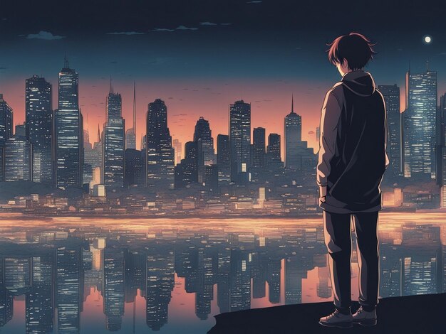 Reflexiones nocturnas fondo de pantalla manga lofi de una escena triste pero hermosa con paisaje urbano