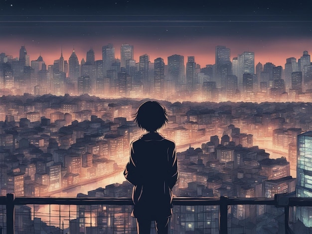 Reflexiones nocturnas fondo de pantalla manga lofi de una escena triste pero hermosa con paisaje urbano