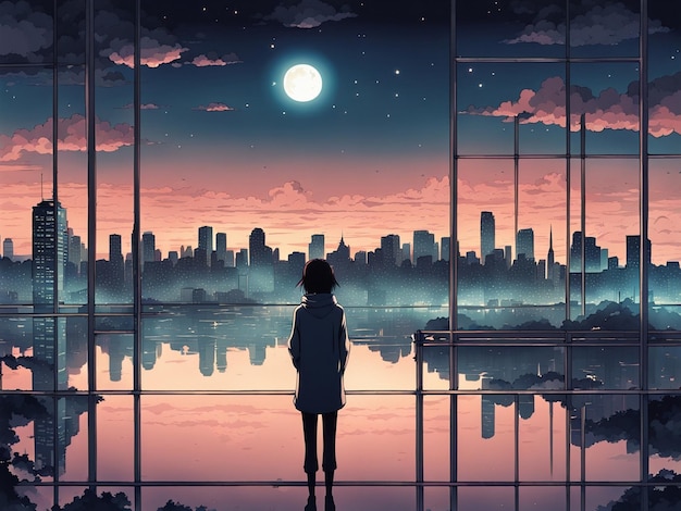 Reflexiones nocturnas fondo de pantalla manga lofi de una escena triste pero hermosa con paisaje urbano