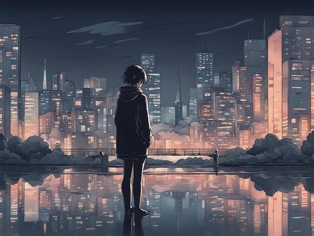 Reflexiones nocturnas fondo de pantalla manga lofi de una escena triste pero hermosa con paisaje urbano