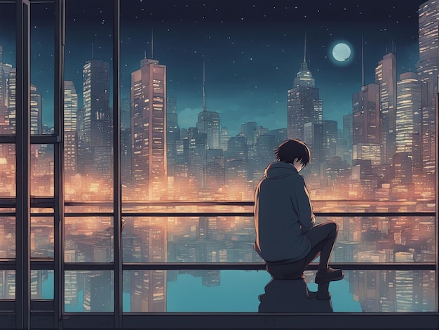 Reflexiones nocturnas fondo de pantalla manga lofi de una escena triste pero hermosa con paisaje urbano