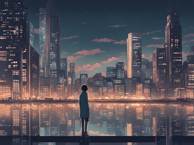 Reflexiones nocturnas fondo de pantalla manga lofi de una escena triste pero hermosa con paisaje urbano