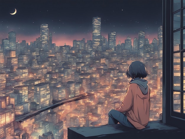 Reflexiones nocturnas fondo de pantalla manga lofi de una escena triste pero hermosa con paisaje urbano