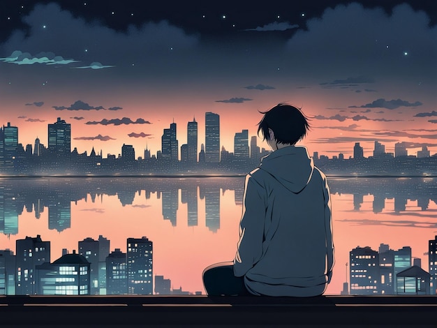 Reflexiones nocturnos papel de pared lofi manga de una escena triste pero hermosa con el paisaje urbano