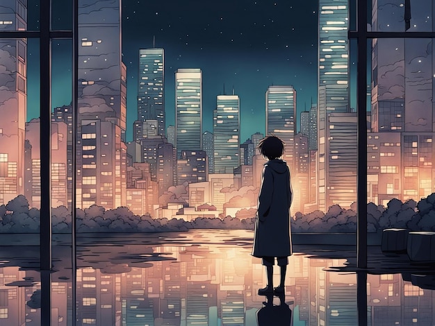 Reflexiones nocturnos papel de pared lofi manga de una escena triste pero hermosa con el paisaje urbano