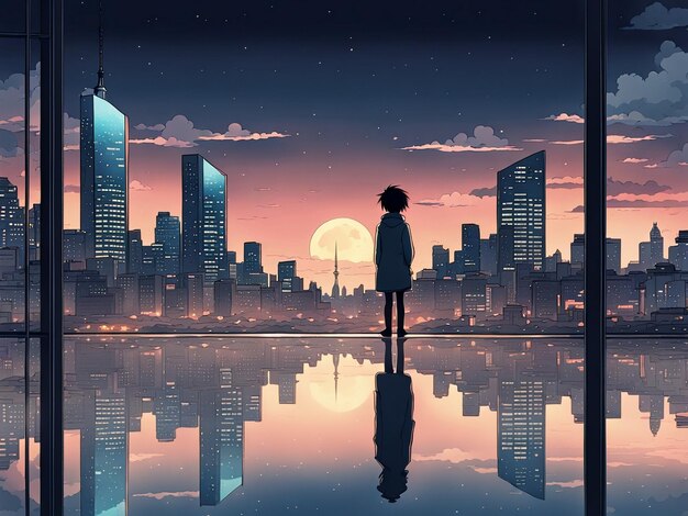 Reflexiones nocturnos papel de pared lofi manga de una escena triste pero hermosa con el paisaje urbano