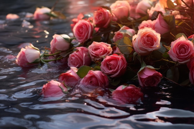 Reflexiones románticas Flores de rosas en flor y pétalos bailando en el agua