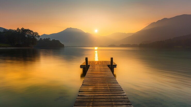 Reflexiones serenas de la hora dorada en el tranquilo lago Un paisaje natural pacífico