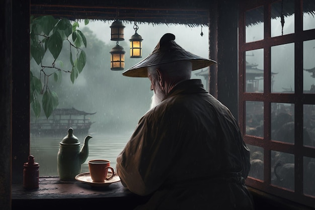 Reflexiones de serenidad Un anciano chino contemplando junto al lago en una casa de té