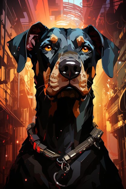 Reflexiones sobre el futuro El Doberman pensativo en el Neon Cyberpunk