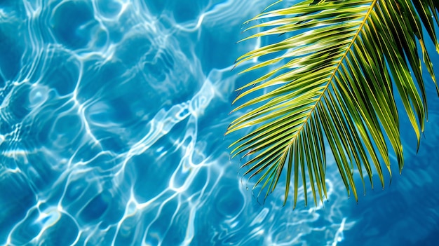 Foto reflexiones del sol hojas de palma aisladas en la superficie del agua azul ondulada