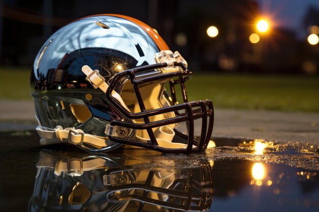 Reflexo das luzes do estádio em um capacete de futebol brilhante