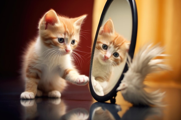 Reflexo de brinquedo de gatinho e pena em espelho criado com IA generativa